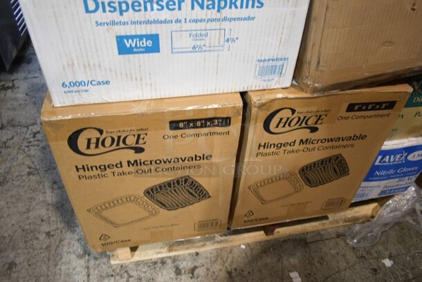PALLET LOT of 25 BRAND NEW Boxes Including 2 Box 500TO883 Choice 8" x 8" x 3" Microwaveable 1-Compartment Black / Clear Plastic Hinged Container - 100/Case, 2 Box 795PTOBK3 Choice 7 3/4" x 5 1/2" x 2 1/2" Black Microwavable Folded Paper #3 Take-Out Container - 200/Case, 500TW14 Choice 14 oz. Translucent Thin Wall Plastic Cold Cup - 1000/Case, 966UPWIDEB1 OneUp by Choice White 1-Ply Wide Interfold 6 1/2" x 8 1/2" Dispenser Napkin - 6000/Case, 3941085XL Lavex Powder-Free Disposable Nitrile Black 5 Mil Thick Textured Gloves - Extra Large - 1000/Case, 4385M Noble Products White Powder-Free Disposable Latex Gloves for Foodservice - Medium - 1000/Case, Cambro UPCS400131 Ultra Pan Carrier® S-Series Dark Brown Front Loading Insulated Food Pan Carrier with Menu Clip / Pocket - Holds 6 Pans, 999RP10BKSS Visions Wave 10" Black Plastic Plate - 18/Pack, 2 Box 600BDR42 Regency 42" Stainless Steel Underbar Mount Beer Drip Tray. 25 Times Your Bid! - Image 2 of 12