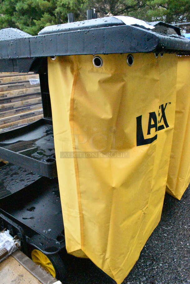 BRAND NEW SCRATCH AND DENT! Lavex 274BLKCARTWB Premium Black 3-Shelf Janitor Cart Kit with Yellow Bag, Black Zippered Bag, and Lid - Image 4 of 7