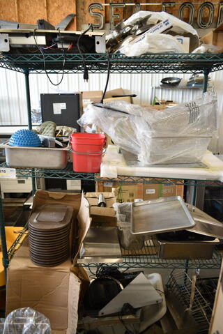 ALL ONE MONEY! Metro Lot of Various Items Including Fry Baskets, Stainless Steel Drop In Bin, Chafer Lid, Sink Strainers, Receipt Printer, Metal. Does Not Include Shelving Unit. 