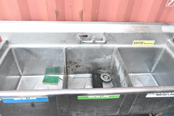 Stainless Steel Commercial 3 Bay Sink w/ Handles.  - Image 2 of 6