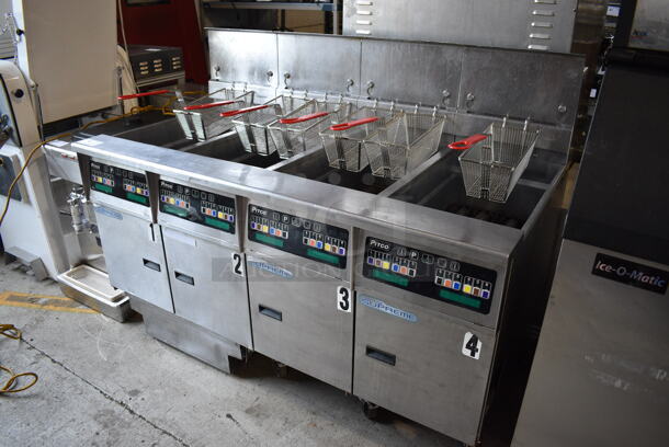 2014 Pitco Frialator Model SSH60 ENERGY STAR Stainless Steel Commercial 4 Bay Natural Gas Powered Deep Fat Fryer w/ 6 Metal Fry Baskets and Filtration System on Commercial Casters. 80,000 BTU. 62.5x35x49 - Image 2 of 11