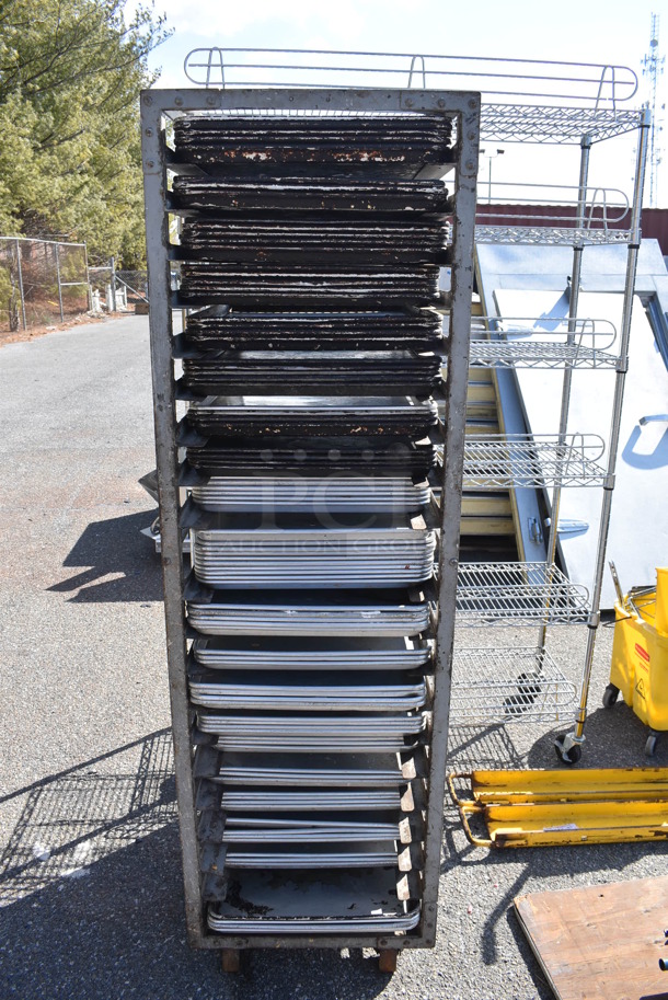 Metal Commercial Pan Transport Rack on Commercial Casters w/ 88 Metal Full Size Baking Pans. 