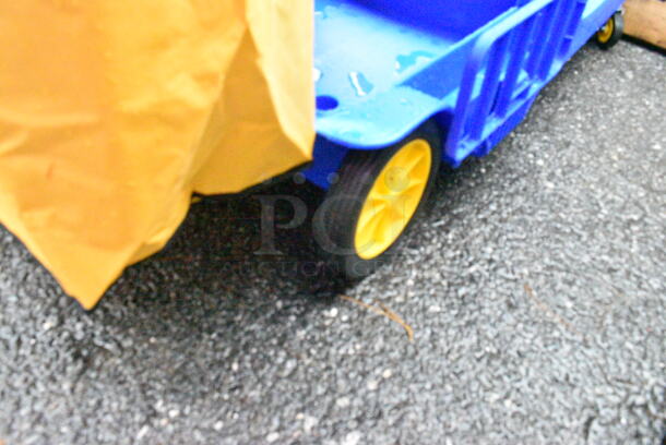 BRAND NEW SCRATCH AND DENT! Lavex 274BLUCARTWB Premium Blue 3-Shelf Janitor Cart Kit with Yellow Bag, Black Zipper Bag and Lid - Image 6 of 8