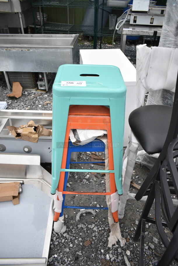 3 BRAND NEW SCRATCH AND DENT! Metal Tolix Style Bar Height Stool; Seafoam, Orange and Blue. 3 Times Your Bid!  - Image 1 of 4