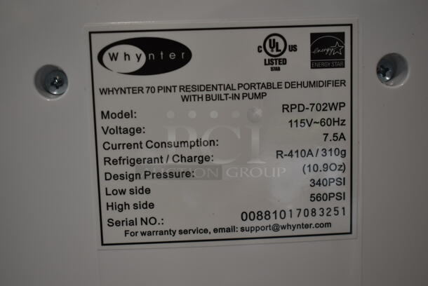 BRAND NEW SCRATCH AND DENT! Whynter RPD-702WP 70 Pint Energy Star Dehumidifier with Pump. 115 Volts, 1 Phase. Tested and Working! - Image 4 of 4