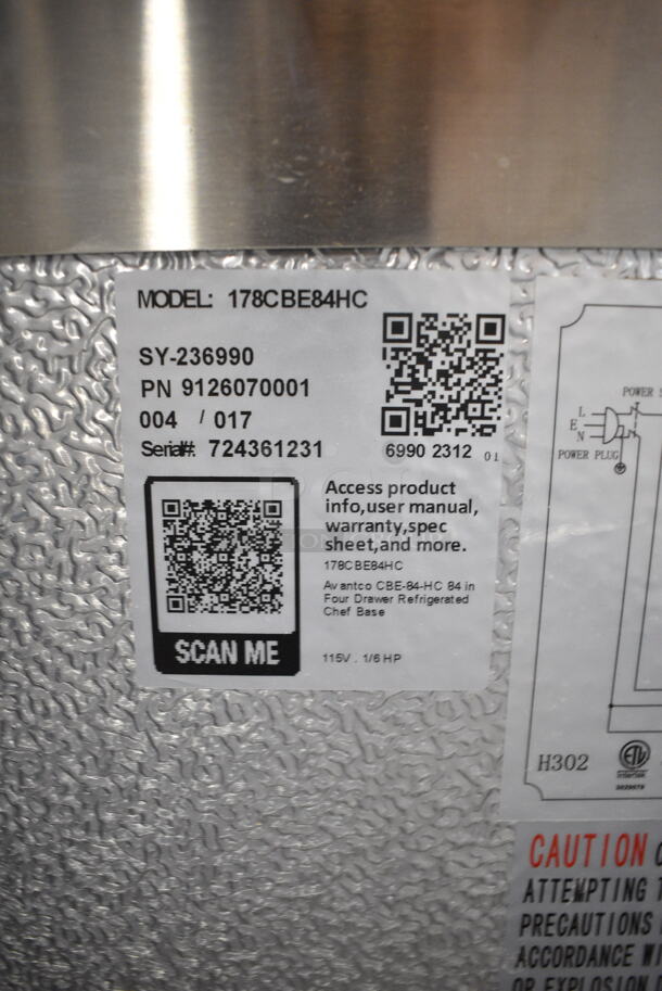 BRAND NEW SCRATCH AND DENT! 2023 Avantco 178CBE84HC Stainless Steel Commercial 4 Drawer Refrigerated Chef Base on Commercial Casters. 115 Volts, 1 Phase. Tested and Working! - Image 8 of 8
