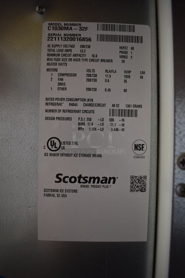 BRAND NEW! 2022 Scotsman C1030MA-32F Commercial Stainless Steel Ice Cube Machine With Storage Bin, Ice Scooper And Additional Parts On Black Legs. 208/230V, 1 Phase. Tested And Working!  - Image 11 of 11