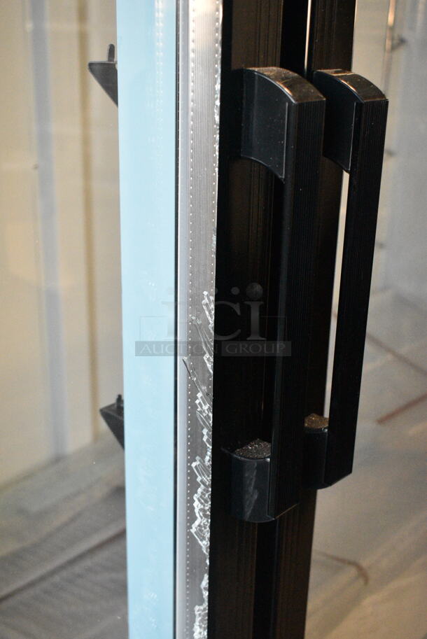 BRAND NEW SCRATCH AND DENT! 2024 Avantco 178GDC69HCB 78 1/4" Black Customizable Swing Glass Door Merchandiser Refrigerator with LED Lighting. See Pictures for Broken Glass. 115 Volts, 1 Phase. Tested and Working! - Image 4 of 8