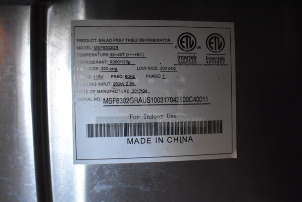 2017 Atosa MSF8302GR Stainless Steel Commercial Sandwich Salad Prep Table Bain Marie Mega Top on Commercial Casters. 115 Volts, 1 Phase. Tested and Powers On But Does Not Get Cold - Image 7 of 7