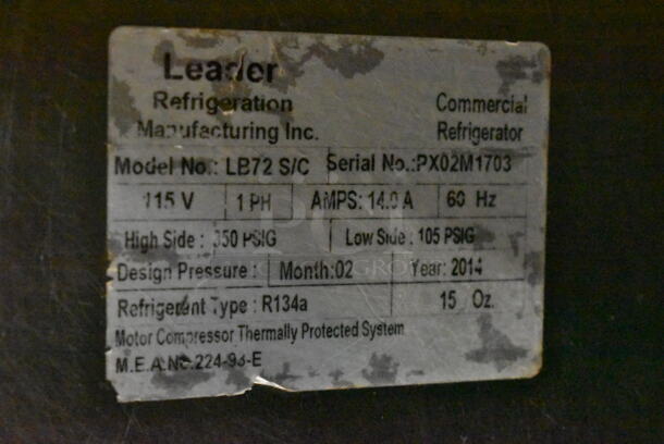 2014 Leader LB72 S/C Stainless Steel Commercial 3 Door Undercounter Cooler. 115 Volts, 1 Phase. Tested and Powers On But Does Not Get Cold - Image 8 of 8