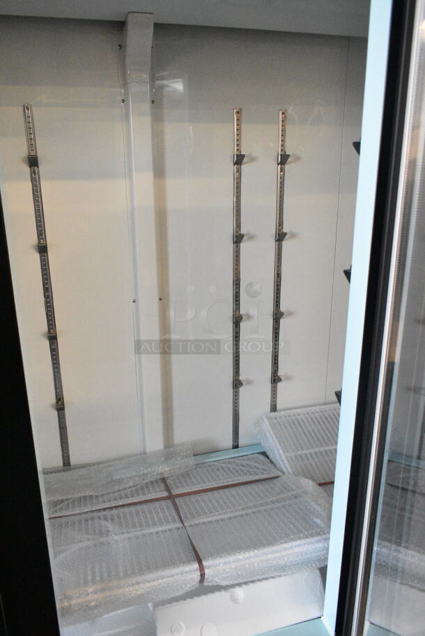 BRAND NEW SCRATCH AND DENT! 2024 Avantco 178GDC69HCB 78 1/4" Black Customizable Swing Glass Door Merchandiser Refrigerator with LED Lighting. See Pictures for Broken Glass. 115 Volts, 1 Phase. Tested and Working! - Image 6 of 8