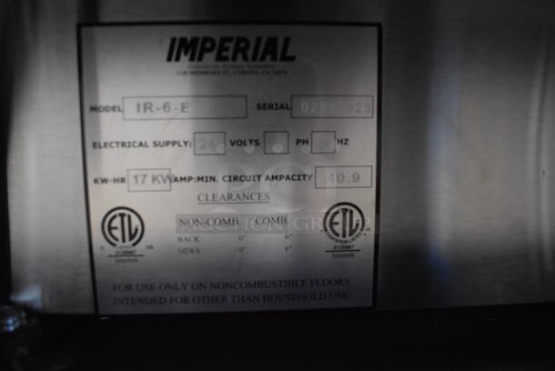 BRAND NEW SCRATCH AND DENT! Imperial Range Pro Series IR-6-E Stainless Steel Commercial Electric Powered 6 Round Plate Range w/ Oven, Over Shelf and Back Splash. 240 Volts, 3 Phase. - Image 9 of 10