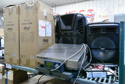 8 Various Items Including Mettler Toledo Scale, HD-300 Scale, Pyle PPHP1044B Wireless BT Streaming PA Speaker System, Pyle PPHP1515AB Speaker, 2 BRAND NEW IN BOX! Pyle PPHP2835B Portable Bluetooth PA Speaker System, Pyle PPHP265DJB Speaker, BRAND NEW! Pyle PPHP288B Speaker. 8 Times Your Bid! 