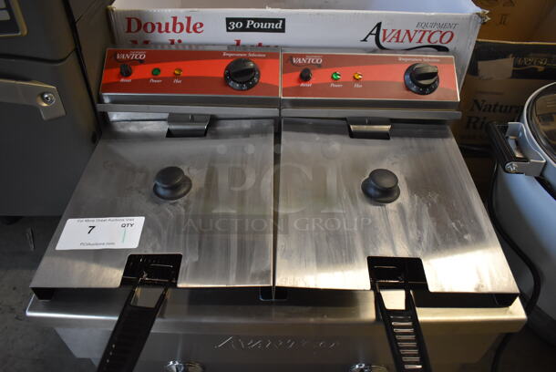 BRAND NEW IN BOX! Avantco 177F202 Stainless Steel Commercial Countertop Electric Powered 30 lb. Dual Tank Medium-Duty Fryer w/ 2 Metal Fry Baskets and 2 Lids. 208/240 Volts. 23x23x17. Tested and Working! - Image 2 of 7