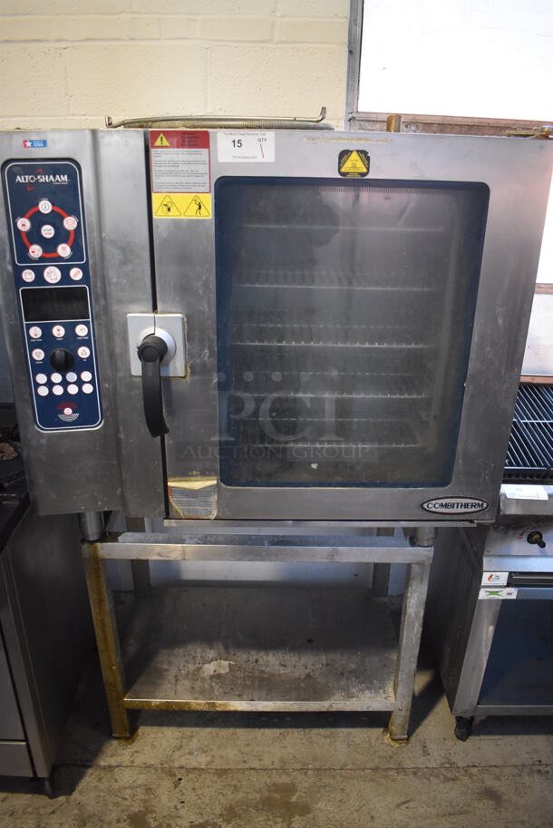 2012 Alto Shaam 10.10 ES Stainless Steel Commercial Natural Gas Powered Convection Oven w/ View Through Door on Metal Equipment Stand. 208-240 Volts, 3 Phase. 42x32x67