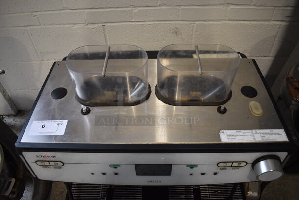 Schaerer Barista Stainless Steel Commercial Countertop 2 Group Espresso Machine w/ 2 Portafilters, 2 Steam Wands and 2 Hoppers. Hoppers Are Missing Lids. 208 Volts, 1 Phase. 29x22x30 - Image 4 of 6