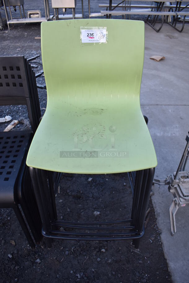 4 Bar Height Chairs w/ Green Seat and Metal Frame. 20x21x39. 4 Times Your Bid!