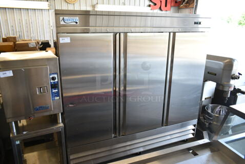 Avantco 178SS3FHC Stainless Steel Commercial 3 Door Reach In Freezer w/ Poly Coated Racks on Commercial Casters. 115 Volts, 1 Phase. Tested and Powers On But Does Not Get Cold