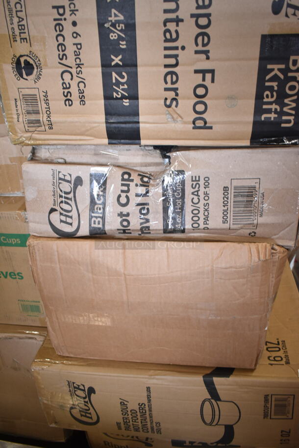 PALLET LOT of 38 BRAND NEW Boxes Including 2 Box 164CUSHWGGN Lancaster Table & Seating Spartan Series 2 1/2" Burgundy Vinyl Padded Seat for Chair and Barstool, 500COLLAR8BR EcoChoice 8 oz. Kraft Coffee Cup Sleeve / Jacket / Clutch - 1200/Case, 795PTOKFT8 Microwavable Folded Paper #8 Take-Out Container 6" x 4 5/8" x 2 1/2", 500L1020B Choice Black Paper Cup Lids, 760SOUP16WPA Choice 16 oz. White Double Poly-Coated Paper Food Cup with Vented Paper Lid - 250/Case, 2 Box 129MCR16B Choice 16 oz. Black 6 1/4" Round Microwavable Heavy Weight Container with Lid - 10/Pack, 2 Box Fineline Flairware 2312-CL 12 oz. Plastic Margarita with Clear Base - 144/Case, 5080-BK Fineline 5080-BK Super Bowl 80 oz. Black PET Plastic Bowl - 25/Case, 966TALLFLDN Choice Kraft Natural Tall-Fold 6" x 13" Dispenser Napkin - 8000/Case, 347TCL10 Choice 10 oz. Clear Disposable Plastic Tumbler - 500/Case. 38 Times Your Bid! - Image 3 of 8