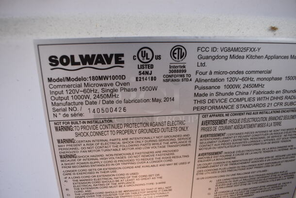 Solwave 180MW1000D Stainless Steel Commercial Countertop Microwave Oven. 120 Volts, 1 Phase. 20x14x12 - Image 5 of 5