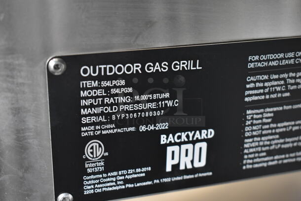 LIKE NEW! 2022 Backyard Pro 554LPG36 Stainless Steel Commercial Propane Gas Powered Outdoor Grill w/ Under Shelf on Commercial Casters. Tested and Working! - Image 7 of 11