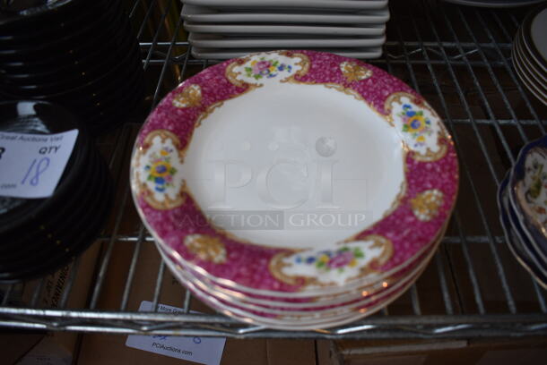6 White Ceramic Plates w/ Pink Design on Rim. 7.5x7.5x1. 6 Times Your Bid!