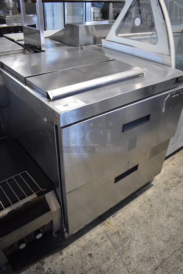 Delfield UCD4432N-9M Stainless Steel Commercial Prep Table w/ 2 Drawers on Commercial Casters. 115 Volts, 1 Phase. 32x32x35. Tested and Powers On But Does Not Get Cold - Image 3 of 6