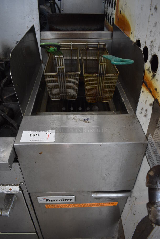 2013 Frymaster Model GF14SD Stainless Steel Commercial Floor Style Natural Gas Powered Deep Fat Fryer w/ 2 Metal Fry Baskets and Side Splash Guards. 100,000 BTU. 16x30x45