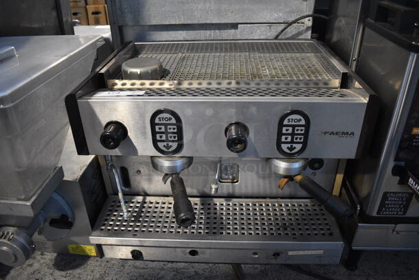 Faema Stainless Steel Commercial Countertop 2 Group Espresso Machine w/ 2 Portafilters and Steam Wand. 220 Volts. 24x22x18 - Image 1 of 5