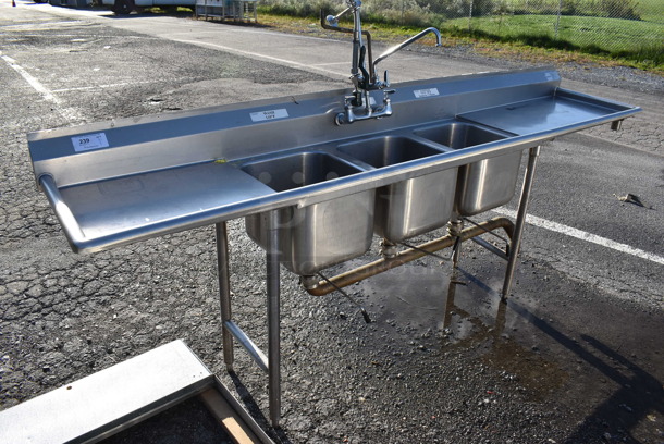 Stainless Steel Commercial 3 Bay Sink w/ Dual Drain Boards, Faucet, Handles and Spray Nozzle Attachment. 108x23x42.5. Bays 14x16x11. Drain Boards 22x19x1