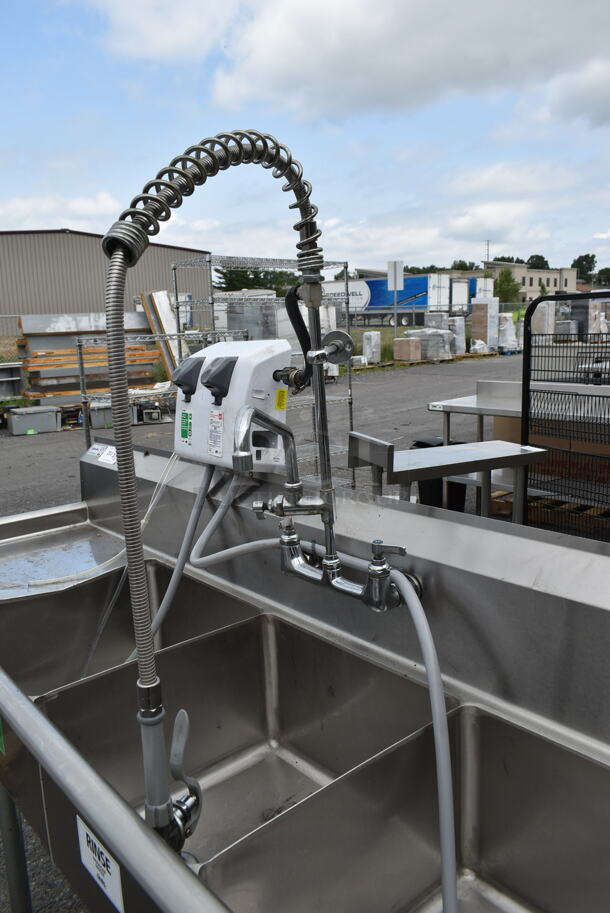 Stainless Steel Commercial 3 Bay Sink w/ Dual Drain Boards, Faucet, Handles and Spray Nozzle Attachment. Bays 18x18. Drain Boards 16.5x19.5 - Image 7 of 9