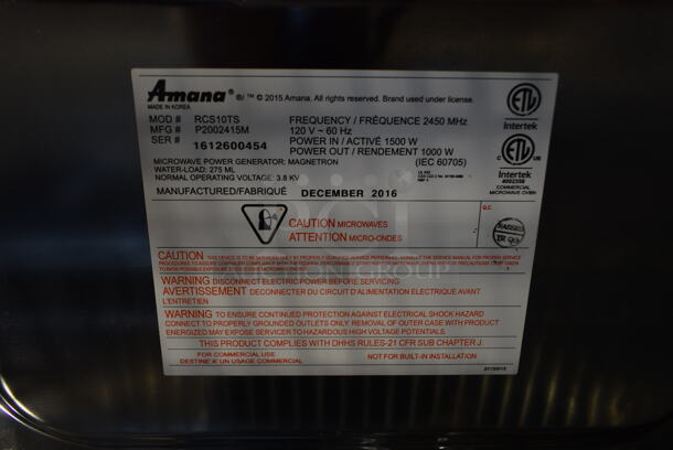2016 Amana RCS10TS Stainless Steel Commercial Countertop Microwave Oven. 120 Volts, 1 Phase.  - Image 4 of 4