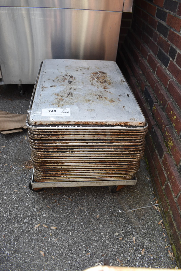 ALL ONE MONEY! Lot Of Steel Baking Sheets On Steel Dolly With Commercial Casters.