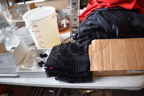 ALL ONE MONEY! Lot of Items on Tabletop Including Material, Poly Bucket, Ceramic Mugs and Wine Glasses and Metal Bins - Image 3 of 12