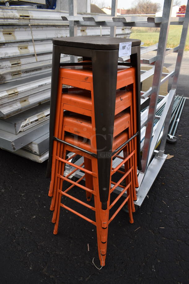 5 Metal Tolix Style Bar Stools; 1 Brown and 4 Orange. 5 Times Your Bid! - Image 2 of 4
