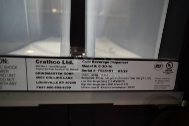 BRAND NEW SCRATCH AND DENT! 2022 Crathco C-3D-16 Metal Commercial Countertop G-Cool Focus Flavor Triple Bowl Premix Cold Beverage Dispenser with (1) 5 Gallon Hopper and (2) 2.4 Gallon Hoppers. 115 Volts, 1 Phase. Tested and Working! - Image 8 of 8