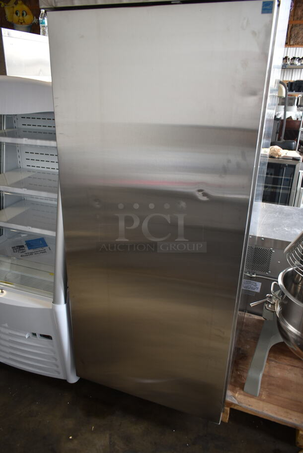 BRAND NEW SCRATCH AND DENT! 2023 Avantco 178Z1FHC Stainless Steel Commercial Single Door Reach In Freezer w/ Poly Coated Racks on Commercial Casters. 115 Volts, 1 Phase. Tested and Working! - Image 3 of 7