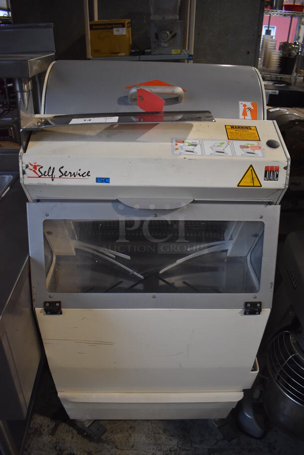 JAC Metal Commercial Floor Style Bread Loaf Slicer on Commercial Casters. 115 Volts, 1 Phase. 24.5x26x51. Tested and Working! - Image 1 of 6