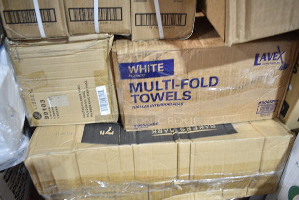 PALLET LOT of 32 BRAND NEW Boxes Including 347RPBD10WHS Visions 10" White Plastic Plate with Silver Bands - 120/Case, Choice Medium Weight White Sporks, 500MFT Lavex White M-Fold (Multifold) Towel - 4000/Case, 3 Box E301455400 Leather Conditioner, 2 Box Choice Hot Cup Travel Lids, 500TW5 Choice 5 oz. Translucent Thin Wall Plastic Cold Cup - 2500/Case, 966TALLFLDB Choice White Tall-Fold 6" x 13" Dispenser Napkin - 8000/Case, 128HD8COMBO ChoiceHD 8 oz. Microwavable Translucent Plastic Deli Container and Lid Combo Pack - 240/Case, Ceramic Pizza Trays, 612FFL1230 Choice Foil Steam Table Pan Lid - Full Size - 50/Case, 395TO881 EcoChoice 8" x 8" x 3" Compostable Sugarcane / Bagasse 1 Compartment Take-Out Box - 200/Case, 129MCR24B Choice 24 oz. Black Round Microwavable Heavy Weight Container with Lid 7 1/4" - 150/Case. 32 Times Your Bid!  - Image 5 of 12