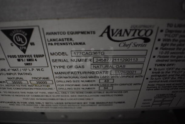 2021 Avantco CAG-36-TG Chef Series Stainless Steel Commercial Countertop Natural Gas Flat Top Griddle. Used a Few Times at Trade Show. 105,000 BTU. 36x29x16. Tested and Working! - Image 6 of 6