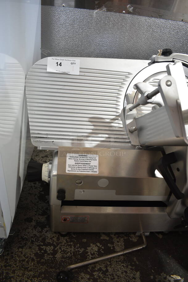 BRAND NEW SCRATCH AND DENT! Estella 348SLA13 Stainless Steel Commercial Countertop Automatic Meat Slicer w/ Blade Sharpener. 120 Volts, 1 Phase. Tested and Powers On But Parts Do Not Move
 - Image 4 of 8