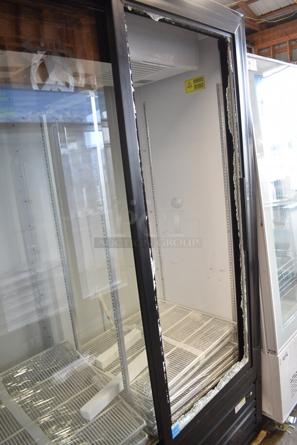 BRAND NEW SCRATCH AND DENT! 2024 Beverage Air MT53-1-SD Metal Commercial 2 Door Reach In Cooler Merchandiser w/ Poly Coated Racks. See Pictures for Broken Glass on Right Door. 115 Volts, 1 Phase. Tested and Seems To Be Working But Cannot Temp Due To Broken Door
 - Image 4 of 7