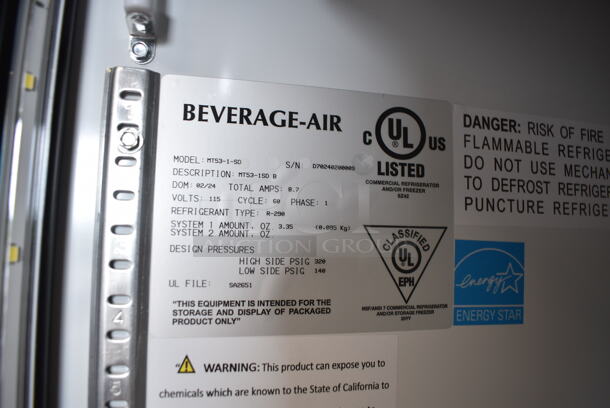 BRAND NEW SCRATCH AND DENT! 2024 Beverage Air MT53-1-SD Metal Commercial 2 Door Reach In Cooler Merchandiser w/ Poly Coated Racks. See Pictures for Broken Glass on Right Door. 115 Volts, 1 Phase. Tested and Seems To Be Working But Cannot Temp Due To Broken Door
 - Image 7 of 7