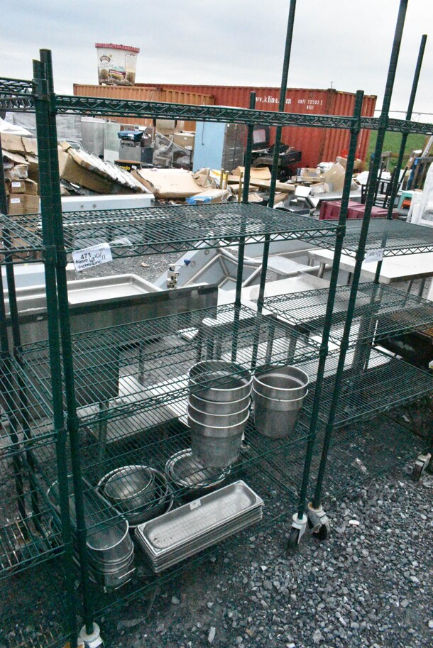 Green Finish 5 Tier Wire Shelving Unit on Commercial Casters w/ Contents Including Stainless Steel Cylindrical Bins and Stainless Steel Drop In Bins. BUYER MUST DISMANTLE. PCI CANNOT DISMANTLE FOR SHIPPING. PLEASE CONSIDER FREIGHT CHARGES. - Image 1 of 8