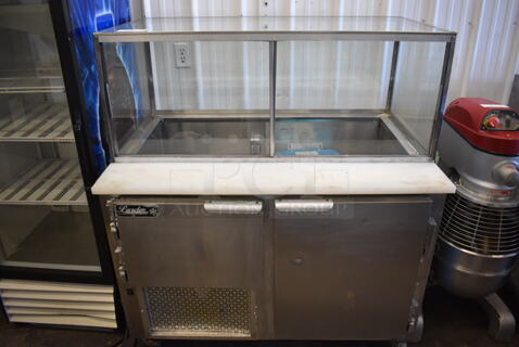2014 Leader LM48 S/C Stainless Steel Commercial Prep Table w/ Glass Top Cabinet on Commercial Casters. 115 Volts, 1 Phase. 48x32x55. Cannot Test Due To Missing Power Cord