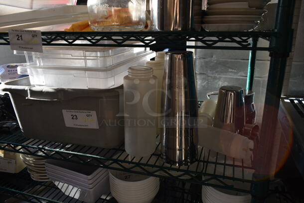 ALL ONE MONEY! Tier Lot of Various Items Including Poly Bins and Metal Mixing Cups