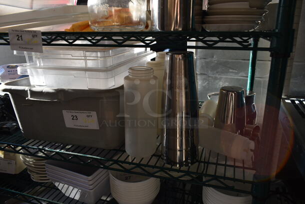 ALL ONE MONEY! Tier Lot of Various Items Including Poly Bins and Metal Mixing Cups - Image 1 of 4
