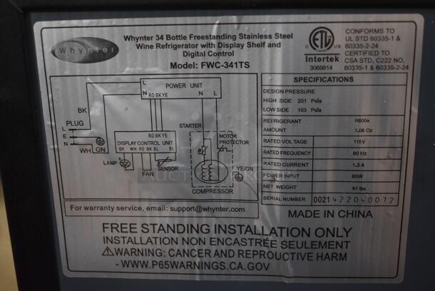 BRAND NEW SCRATCH AND DENT! Whynter FWC-341TS Stainless Steel Commercial Wine Chiller Merchandiser. 115 Volts, 1 Phase. Tested and Working! - Image 5 of 6