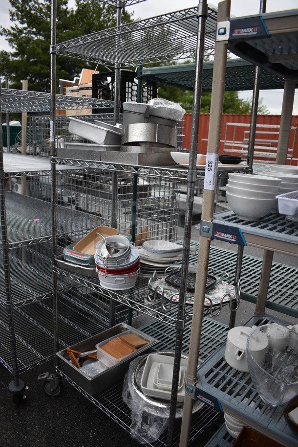 ALL ONE MONEY! Lot of Chrome Finish 5 Tier Shelving Unit on Commercial Casters w/ All Contents Including Metal Baking Pans, Buckets. BUYER MUST DISMANTLE. PCI CANNOT DISMANTLE FOR SHIPPING. PLEASE CONSIDER FREIGHT CHARGES. 36x18x92