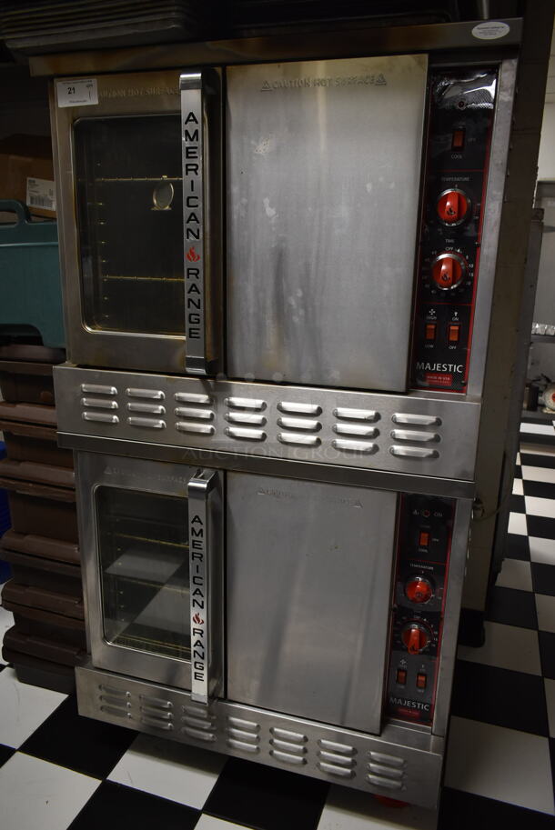 2 American Range MSD-2-GL Majestic Stainless Steel Commercial Natural Gas Powered Full Size Convection Ovens w/ View Through Door, Solid Door, Metal Oven Racks and Thermostatic Controls on Commercial Casters. 2 Times Your Bid! BUYER MUST REMOVE. Tested and Working! (kitchen #2)